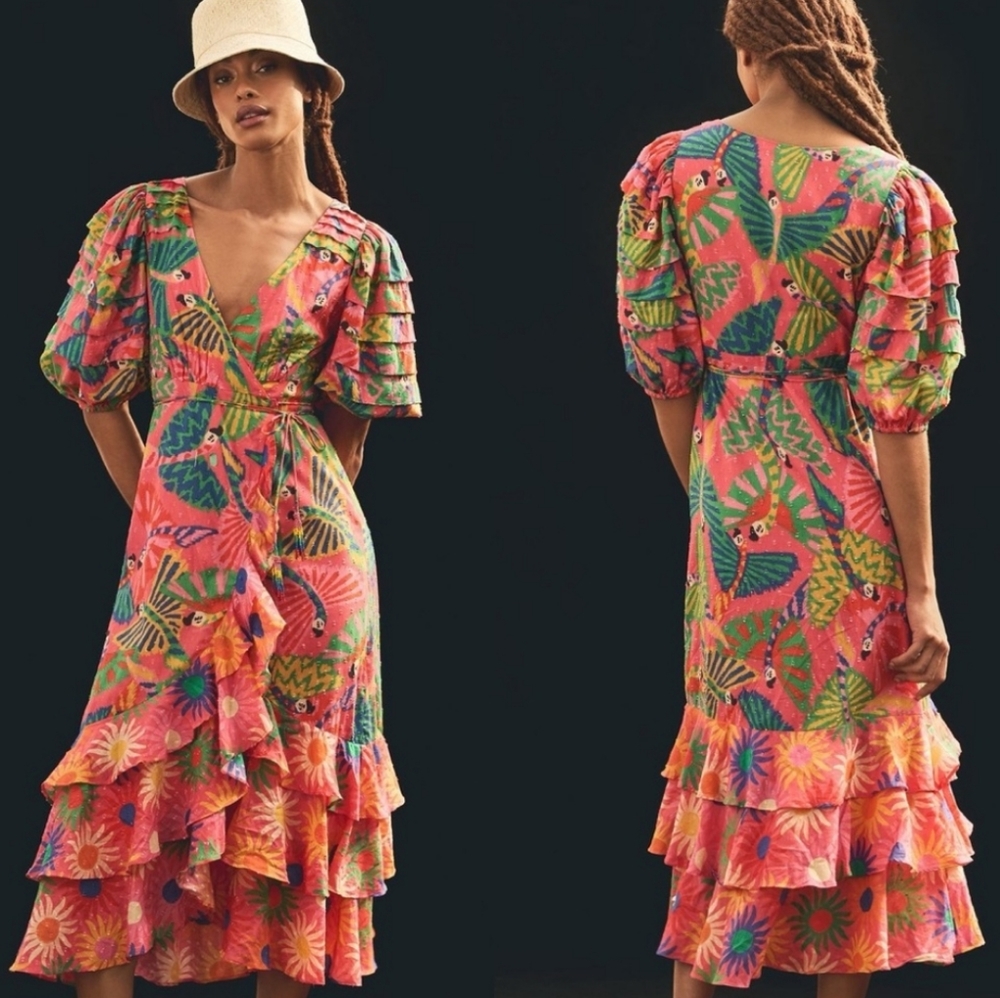 NWOT Farm Rio Macaw Ruffled Wrap Dress